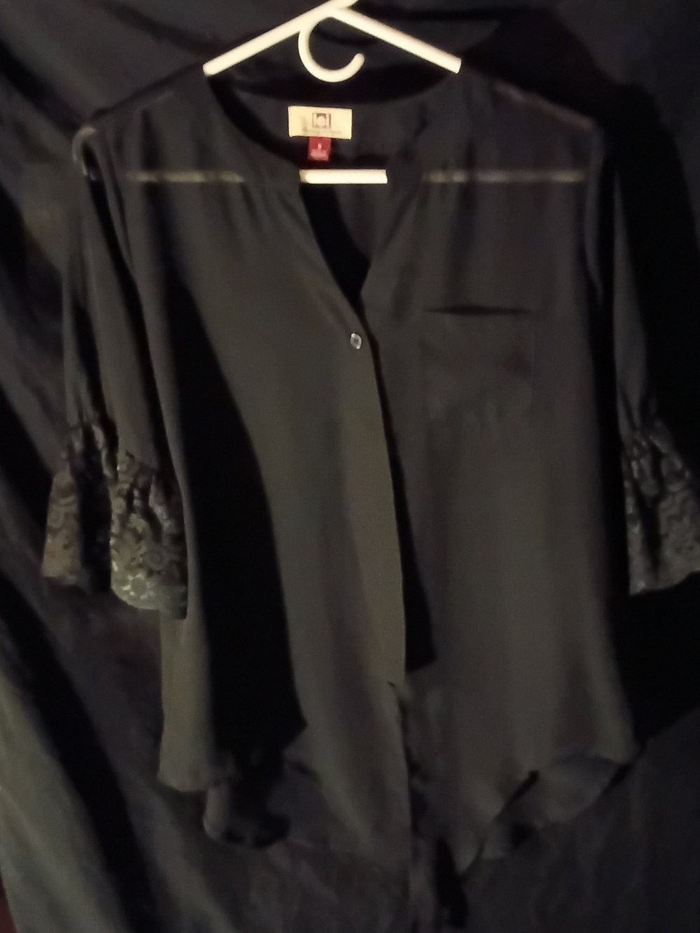 Women’s Black V-Neck Blouse with Lace Bell Sleeves